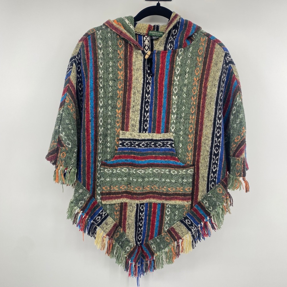 Kathmandu Imports Poncho Women M Multi-Color Striped Hooded‎ Fringe Boho 1526